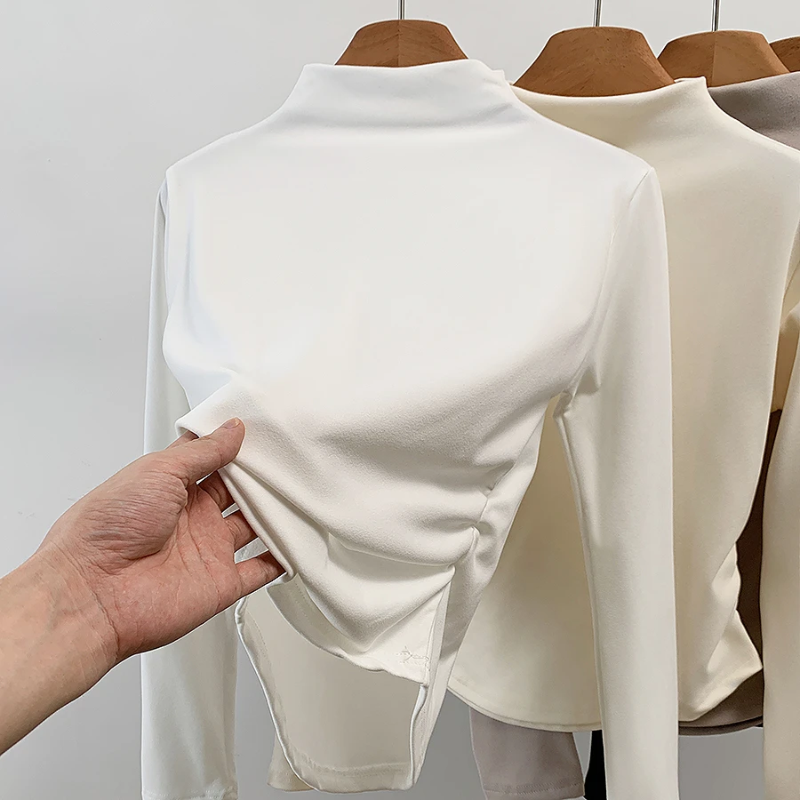 椰油绒半高领打底衫女秋冬保暖内搭不规则褶皱长袖t恤设计感上衣