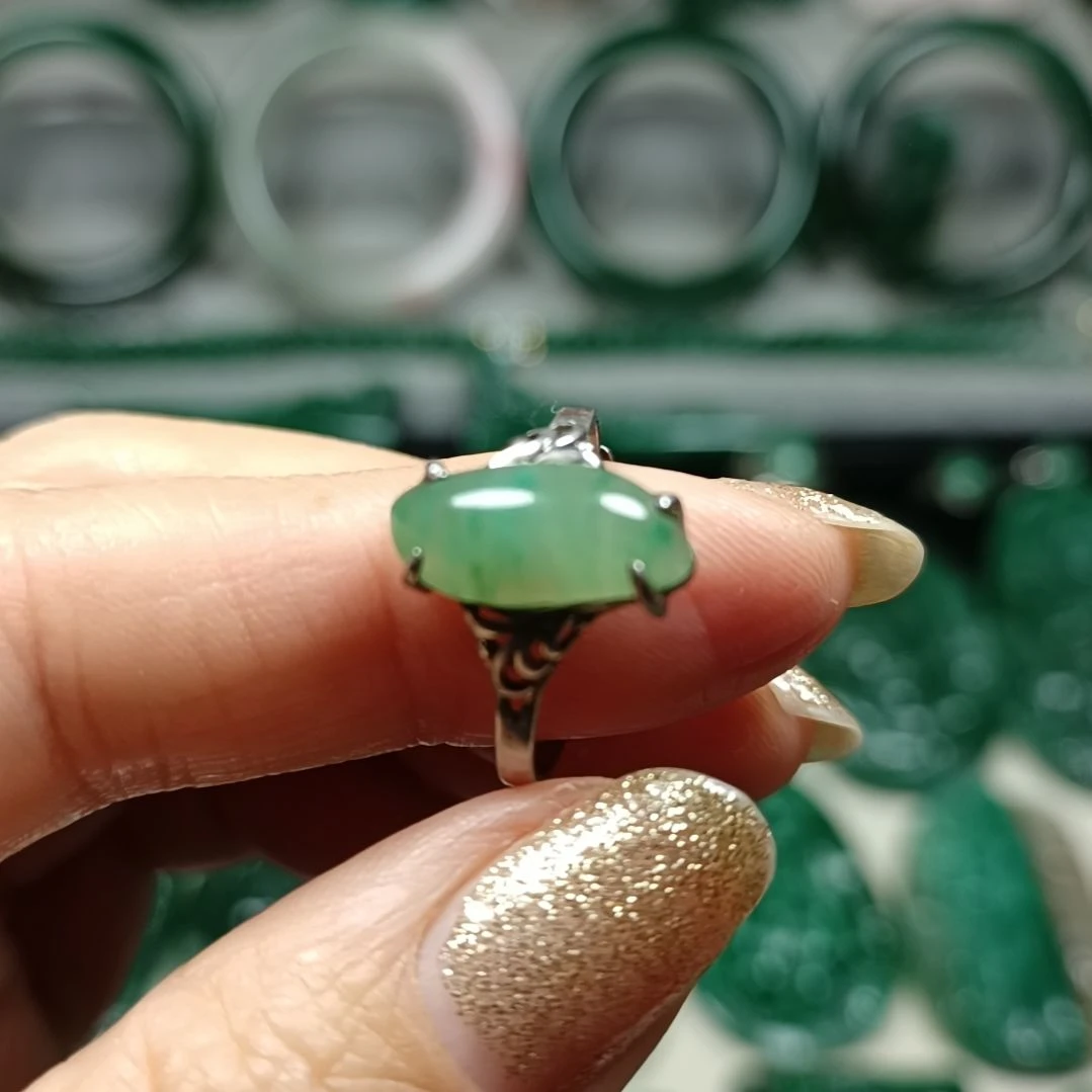 独山玉戒指银S925镀金镶嵌