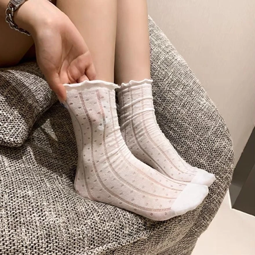 春夏季薄款白色波点竖纹木耳边短袜日系学院风网眼百搭花边袜子女
