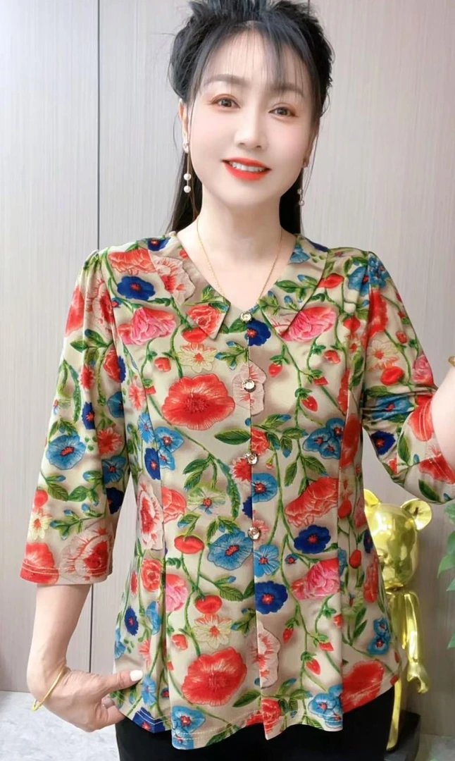 时尚妈妈装夏季新款大码宽松洋气薄款韩版娃娃领XY2015花色小衫