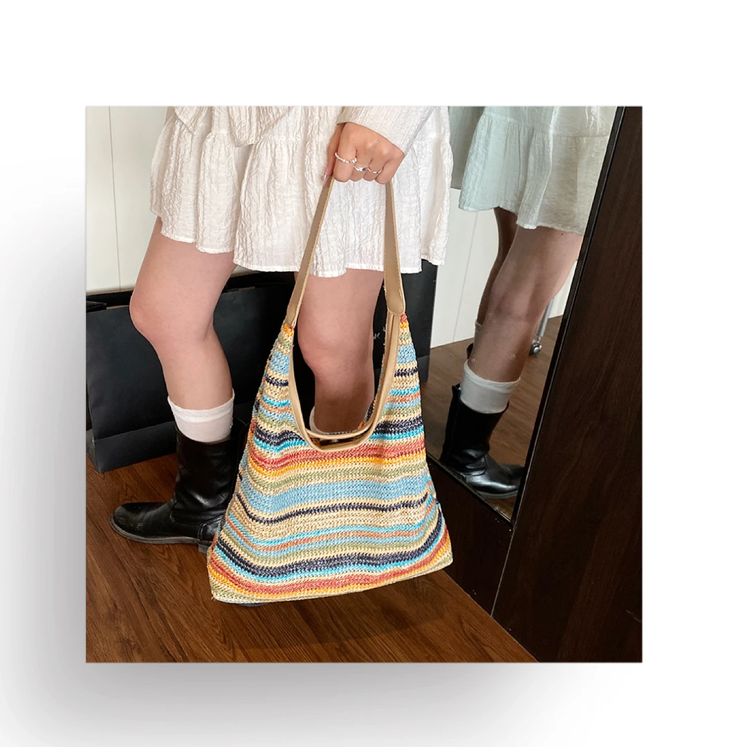 彩虹草编子母托特包·手提单肩腋下包草编拼接沙滩包包