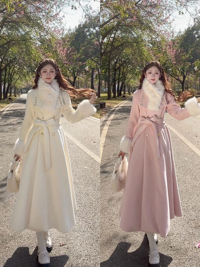 【梓晴】新年甜美显瘦毛呢收腰大衣香风过膝轻奢外套洋气裙摆大衣