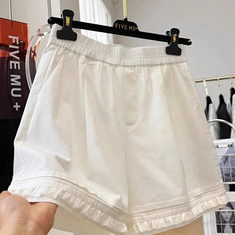 纯棉白色木耳边韩系A字休闲短裤女夏季外穿阔腿直筒裤热裤子