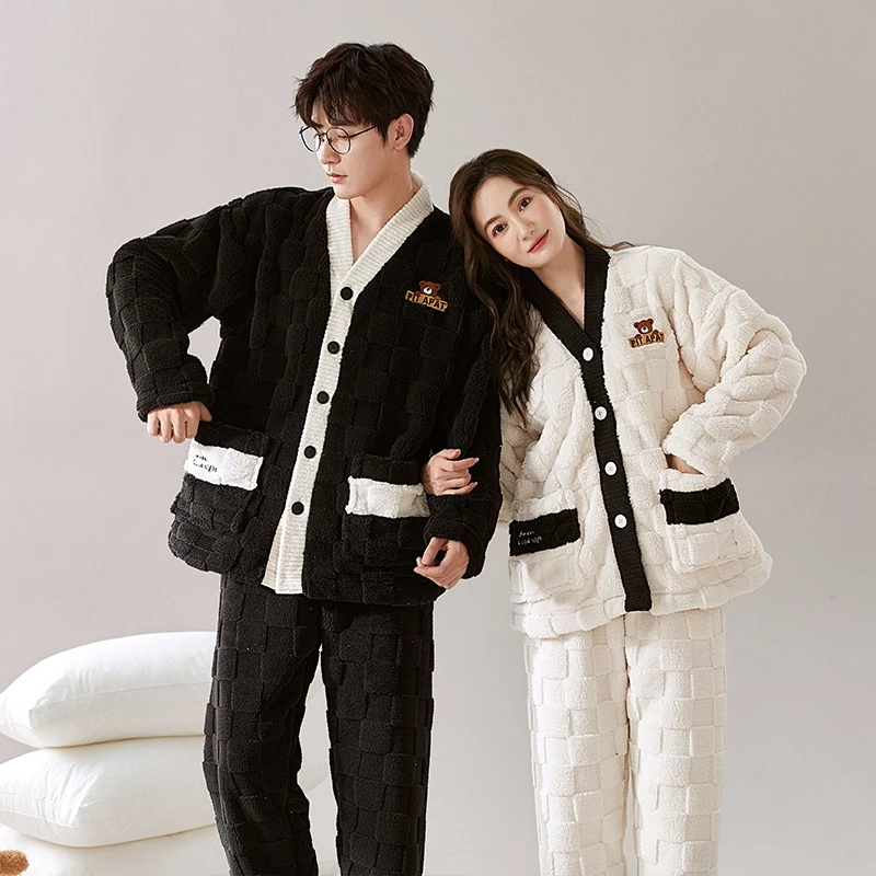 情侣款睡衣女秋冬季加绒开衫珊瑚绒男士家居服法兰绒舒适亲肤套装
