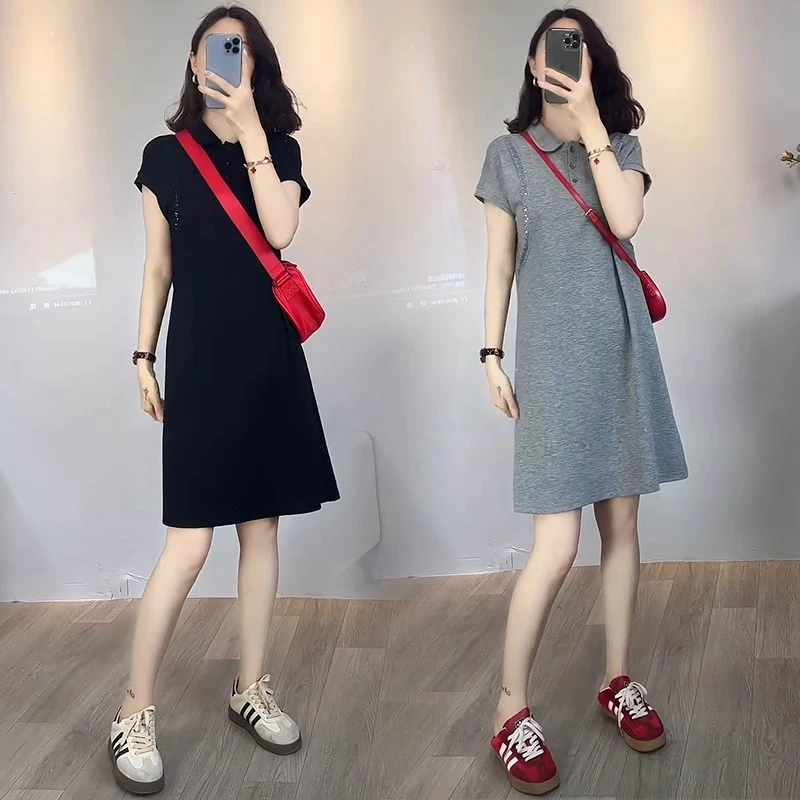 休闲时尚连衣裙女2025夏季新款洋气显瘦中长款减龄POLO领T恤裙子