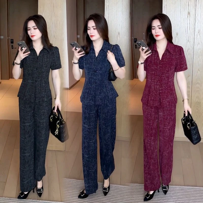 2025夏季短袖套装新款上衣裤子整套气质洋气收腰显瘦两件套妈妈装