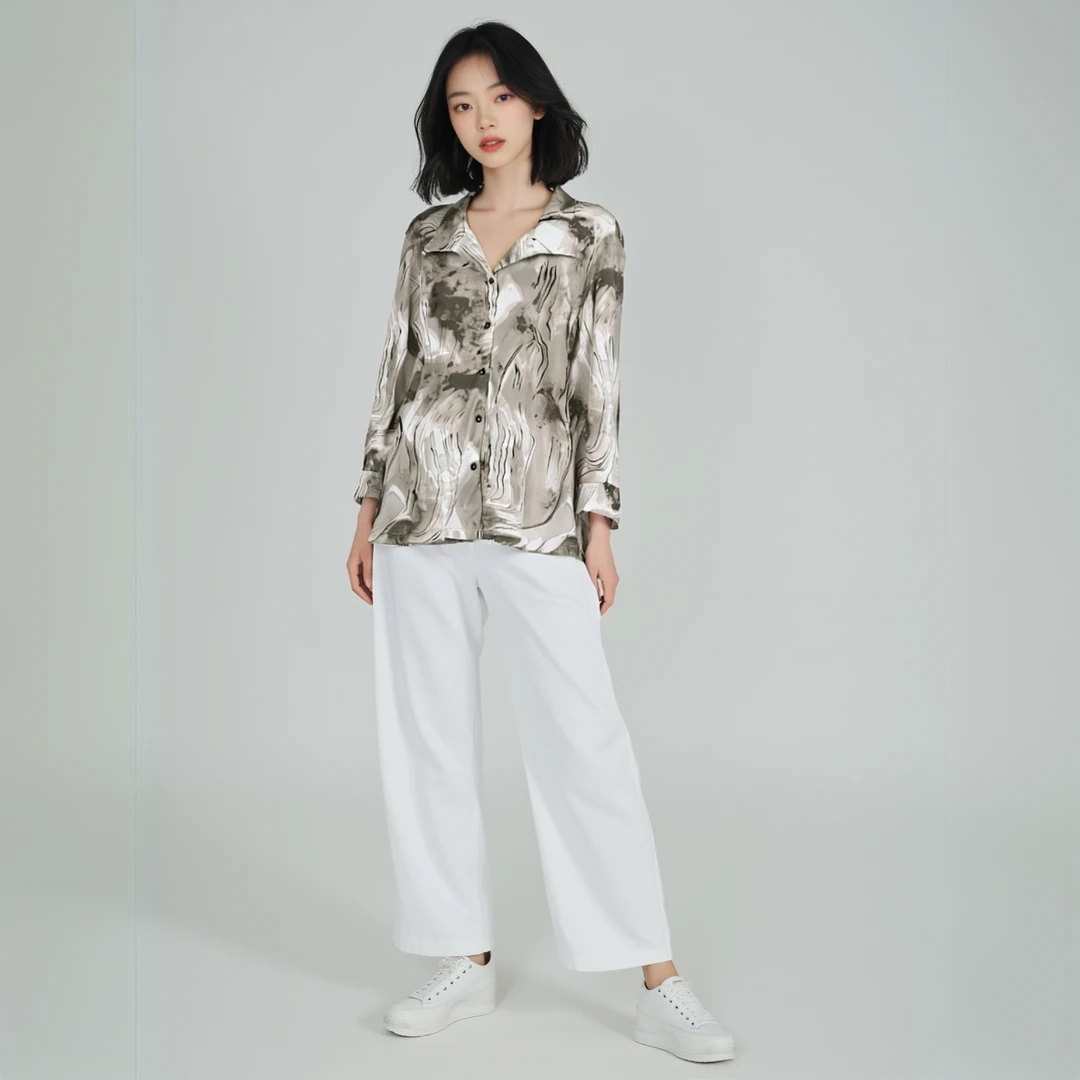新款水墨画印花衬衫女宽松设计感小众宽松衬衣港味复古上衣
