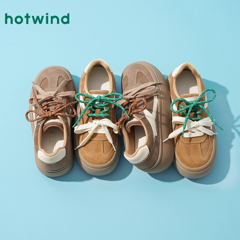 热风卡其厚底德训鞋2025年春季新款女士棕色百搭休闲鞋H14W25138