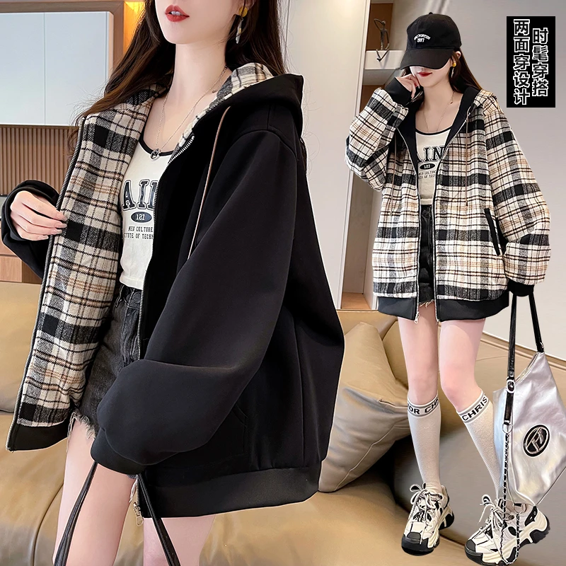 初中高中学生春秋装新款两面穿复古格纹外套女宽松连帽卫衣开衫潮