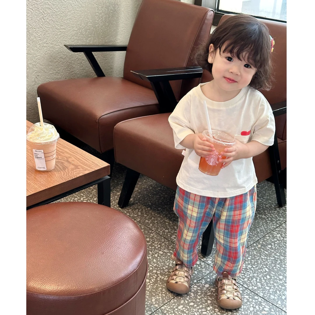 小思家女童套装2025夏季休闲韩版字母印花短袖上衣复古格子直筒裤