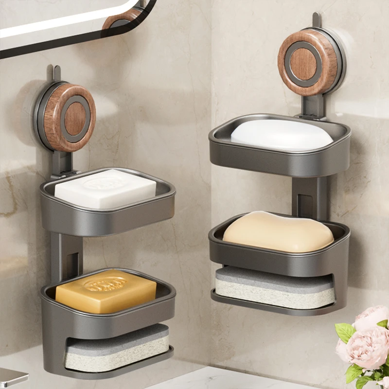 新款家用吸盘肥皂盒壁挂式免打孔双层免网面起泡香皂盒卫生间神器