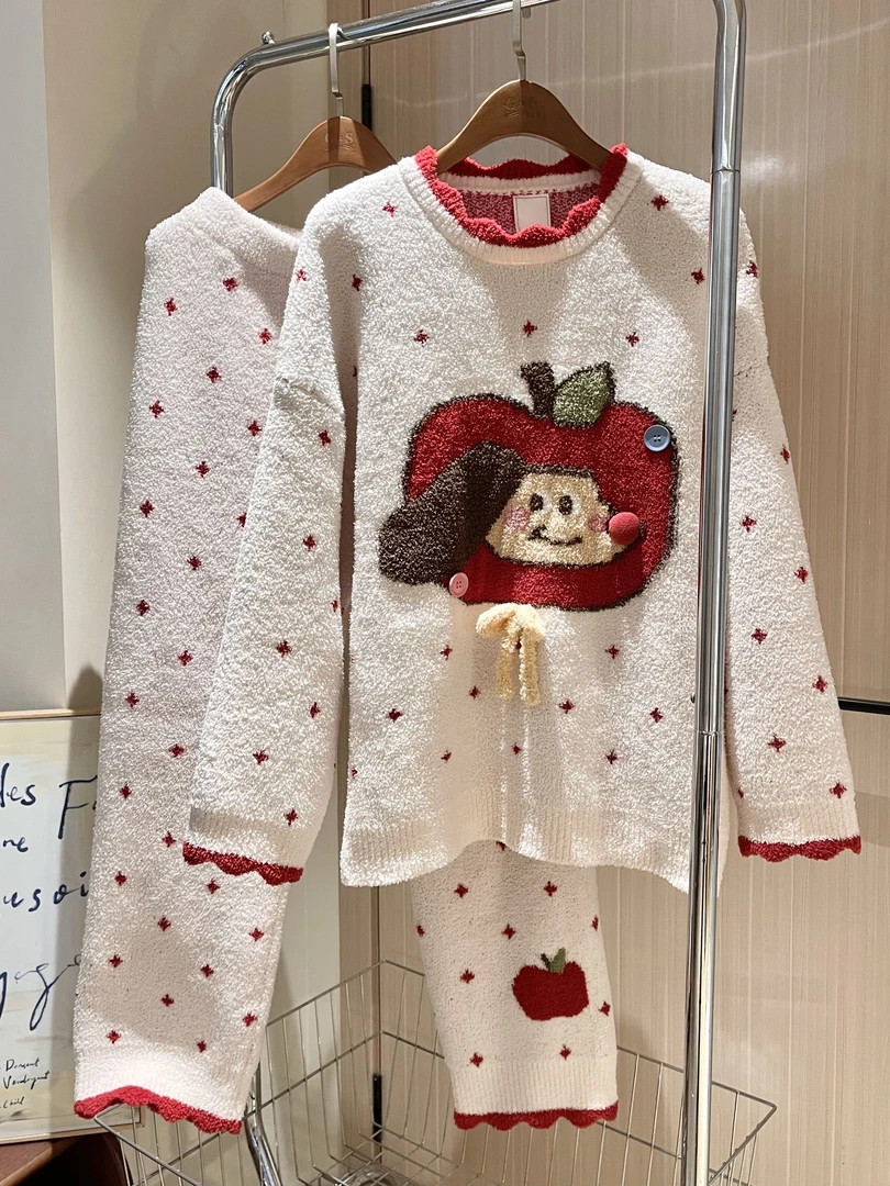 【DMXJ大梦想家】软萌可爱卡通苹果睡衣女冬季新款半边绒家居服套装
