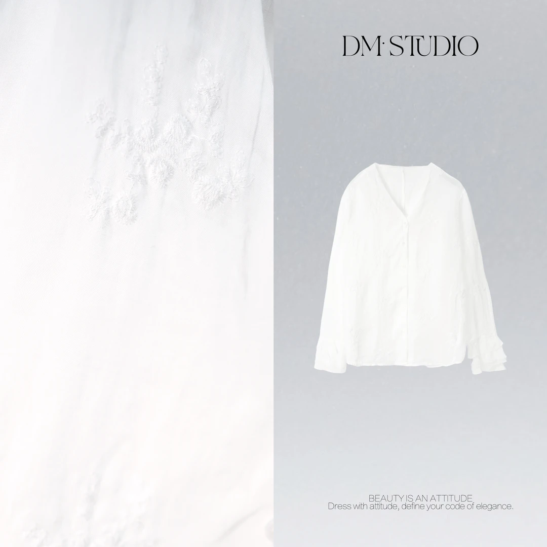 DEDM•STUDIO/精致优雅气质V领绣花100%苎麻衬衫上衣2506CS/CY5259