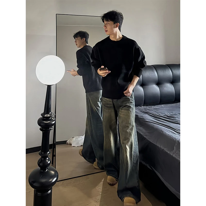 cleanfit黑色圆领毛衣男款秋冬韩系慵懒风针织打底衫内搭正肩外套