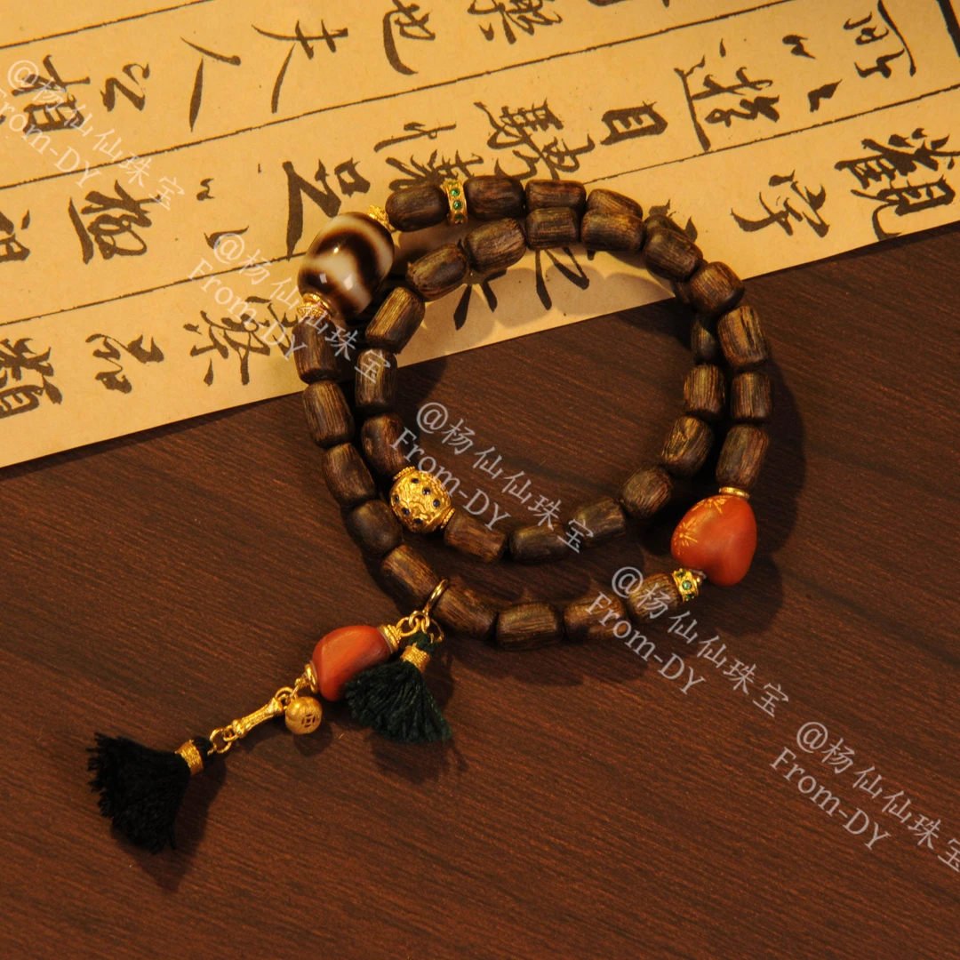 【杨仙仙珠宝】18K厚金镶嵌棋楠沉香多宝手串-A3485