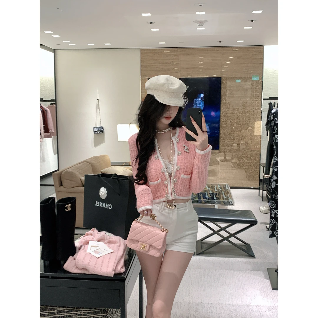 【芭比香气】早秋季长袖少女粉高级感气质针织小香短款针织外套女