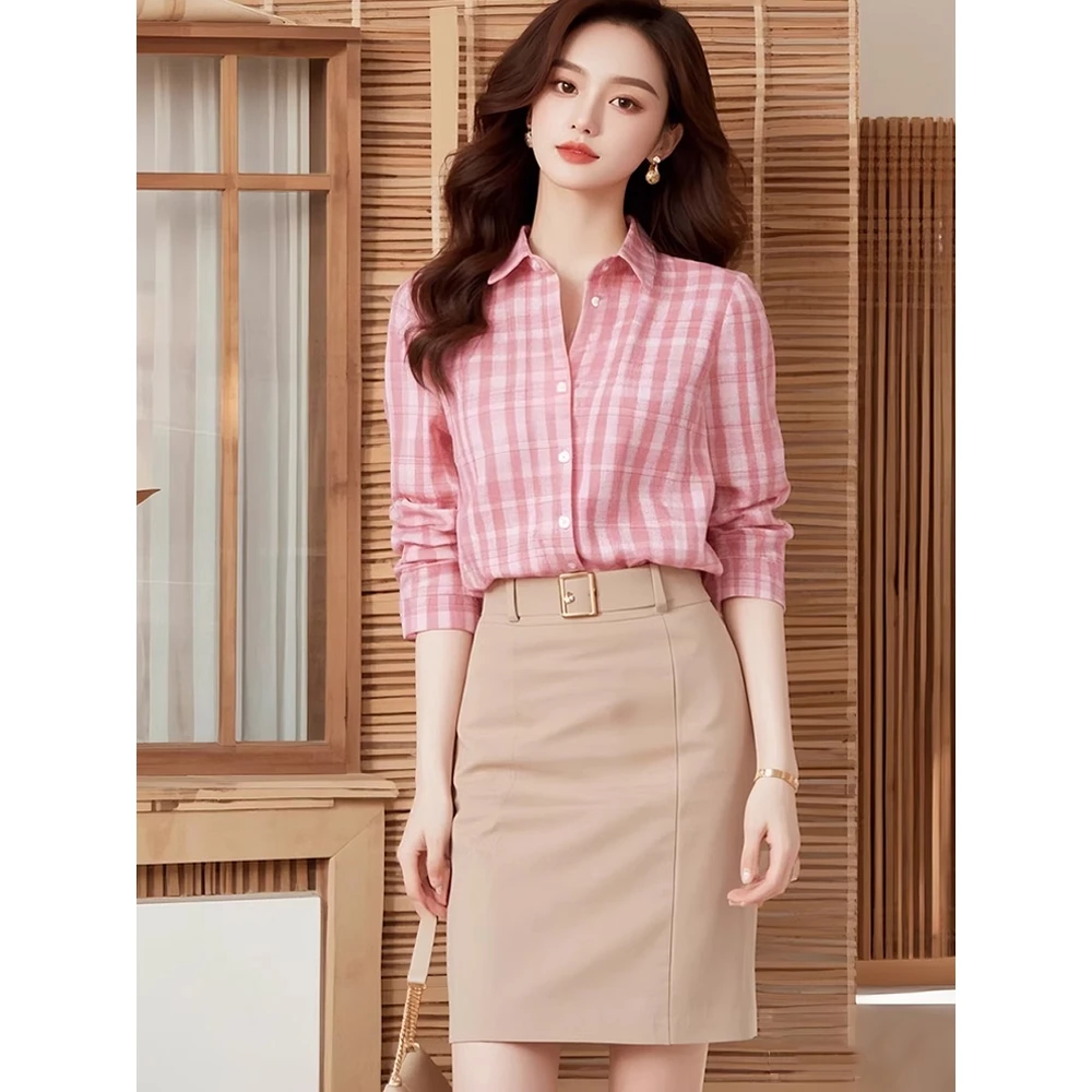 2025早春新款爆款轻奢减龄洋气高级感粉色格纹叠穿长袖衬衫女套装