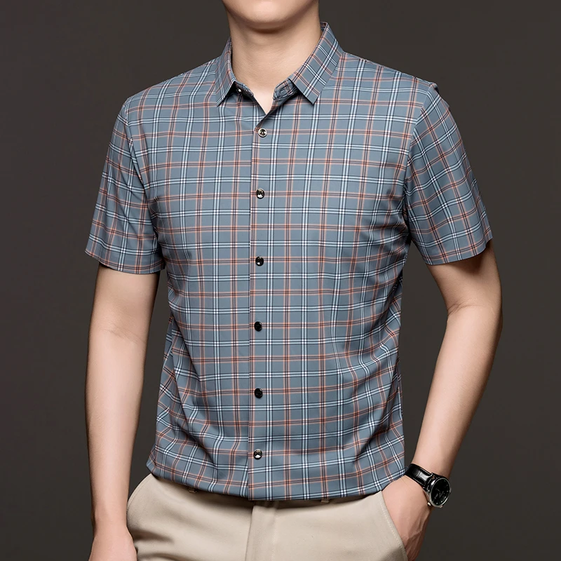 【潮流爆款】夏季新款薄款男士格子短袖衬衫抗皱休闲百搭正装衬衣