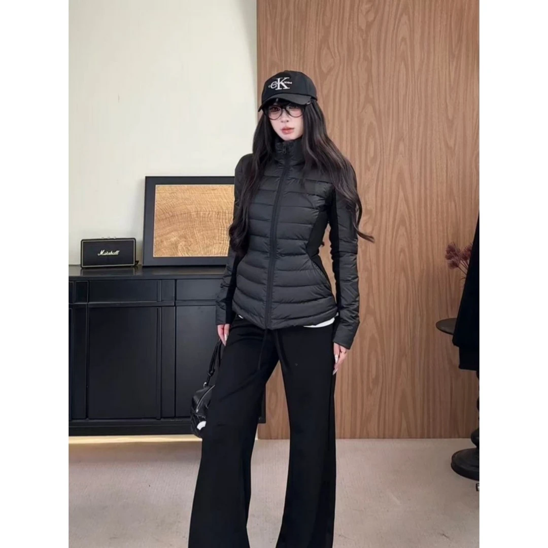 巨好看黑色立领排骨羽绒服女秋冬季穿搭收腰修身保粉压胶束腰女