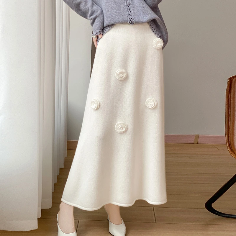 100纯羊毛立体钩花高腰A字裙半身裙韩版时尚城市游牧风