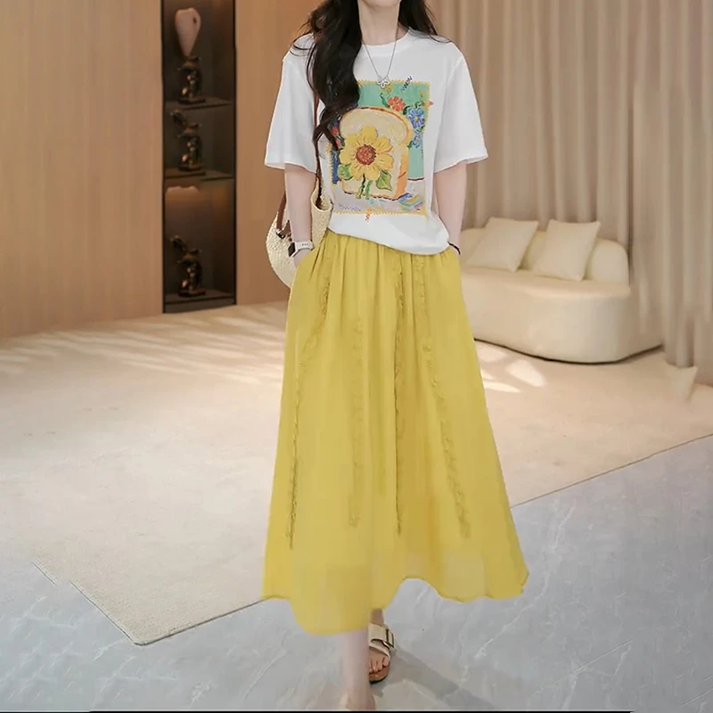 夏季显瘦时尚套装新款小花图案短袖T恤上衣宽松休闲长裙两件套