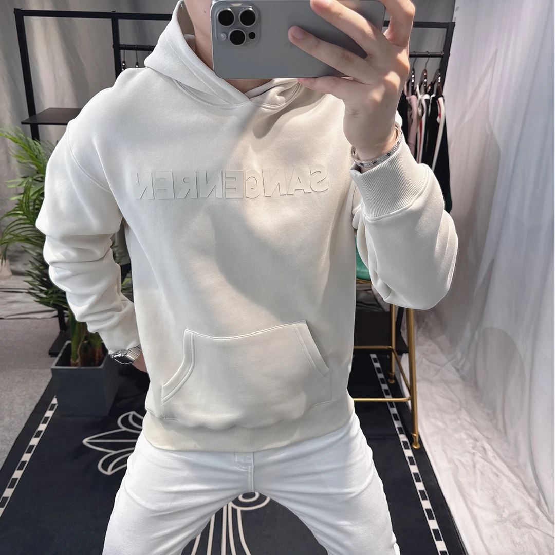 欧洲站男士时尚长袖连帽套头卫衣个性百搭烫印上衣男保暖帅气休闲