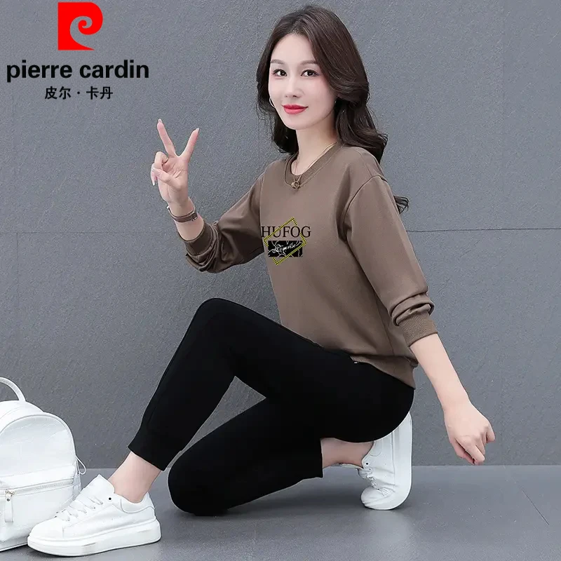 皮尔卡丹运动套装卫衣女春秋2025年新款中年时尚圆领宽松休闲套装