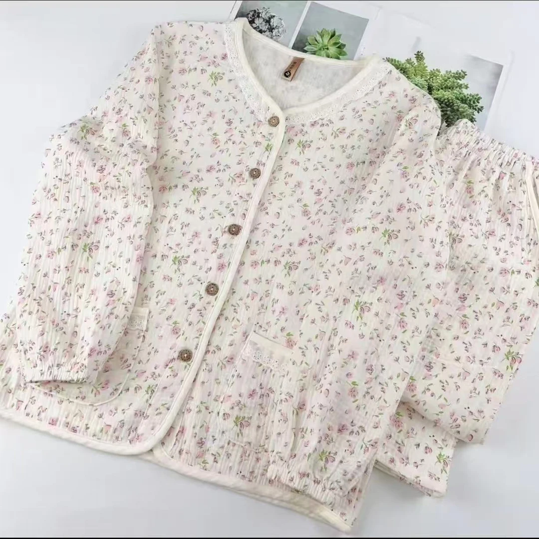 升级版长袖长裤纯棉棉纱春夏睡衣家居服套装
