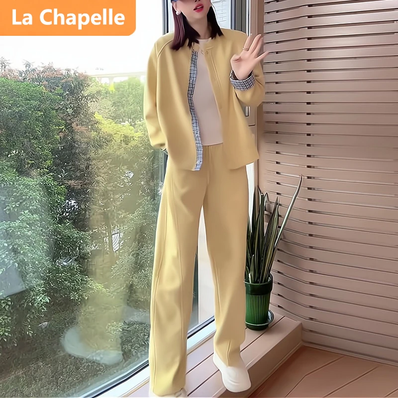 拉夏贝尔复古风时髦休闲套装春秋潮流格子拼接长袖黄色卫衣两件套
