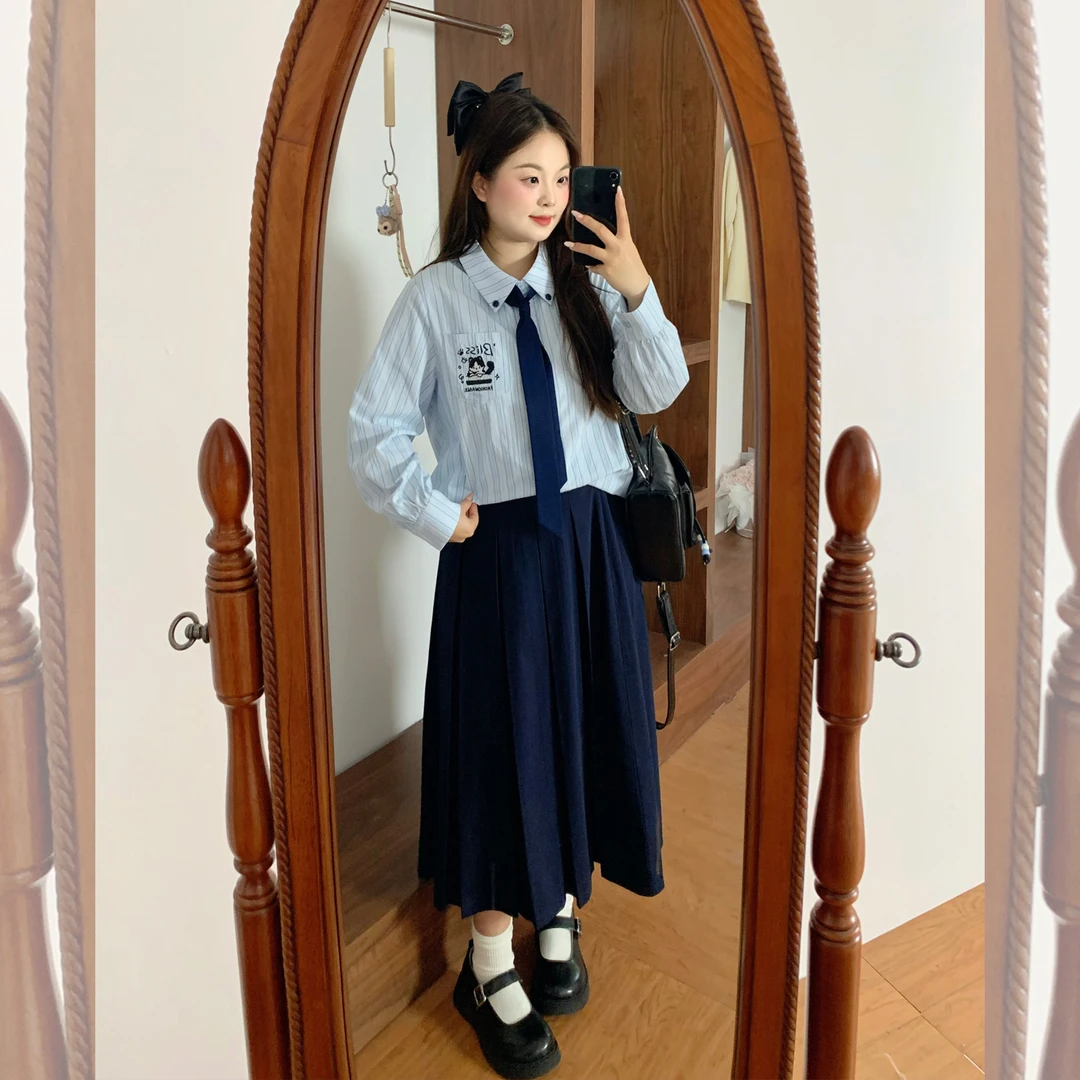 LT STUDIO辣条大码女装 学院风百搭长款藏青色工字百褶裙