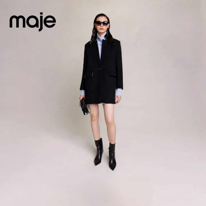 抖音双11|Maje早秋女装拼接饰边黑色中长款毛呢外套MFPOU01145