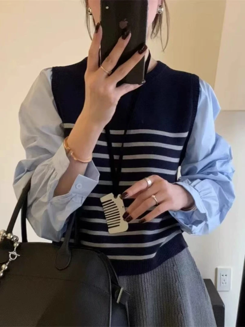 71023-1-CQ蓝拼蓝色假两件针织上衣（80-135）