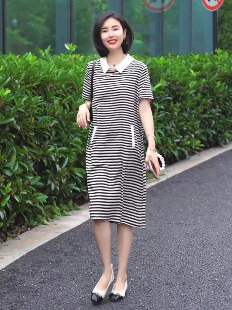 文艺范休闲连衣裙女2025夏季新款宽松中长款遮肉气质短袖条纹裙子