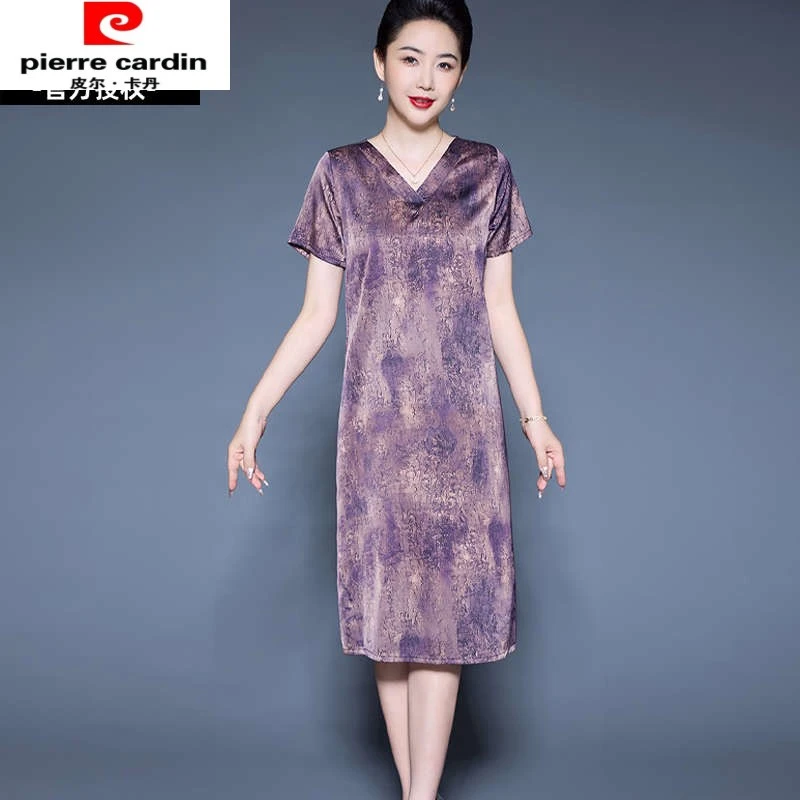 皮尔卡丹真丝连衣裙夏季新款中老年女装桑蚕丝宽松大码印花长裙子