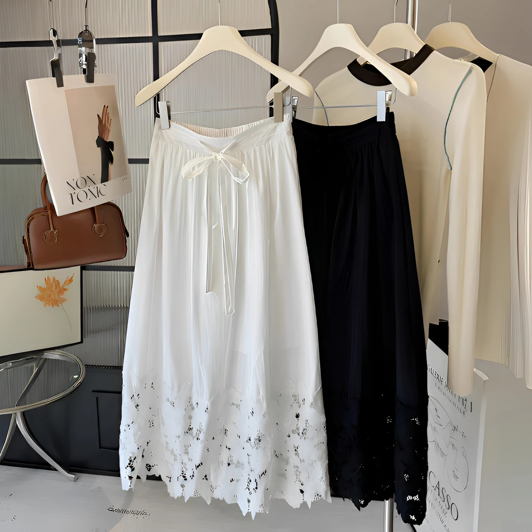 欧美外贸蕾丝白色棉镂空刺绣重工半裙女白色半身裙高腰A字长裙子
