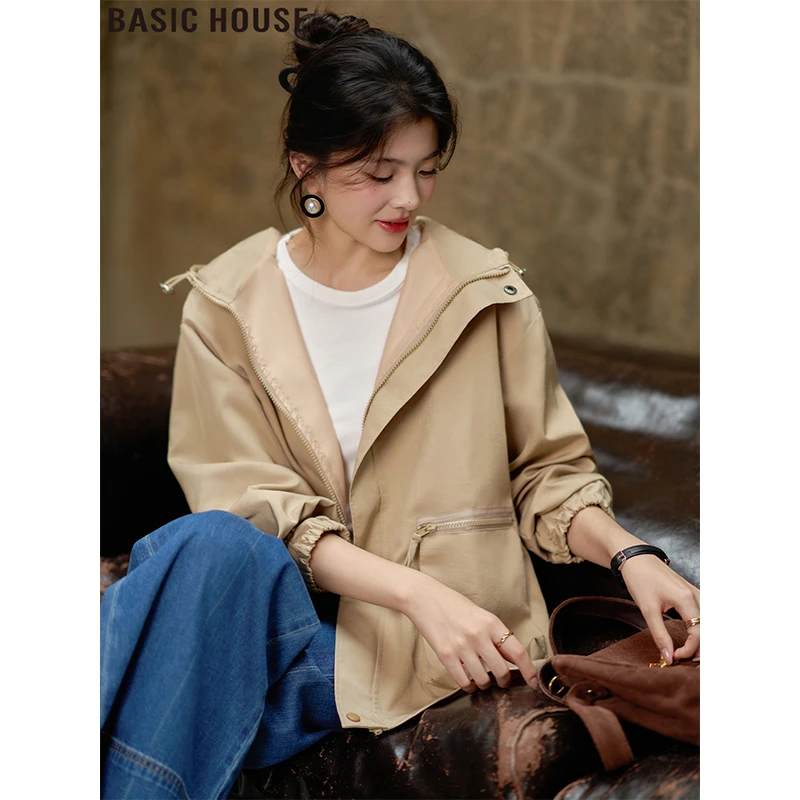 Basic House/百家好杏色连帽风衣外套美式开衫夹克上衣女2025秋季