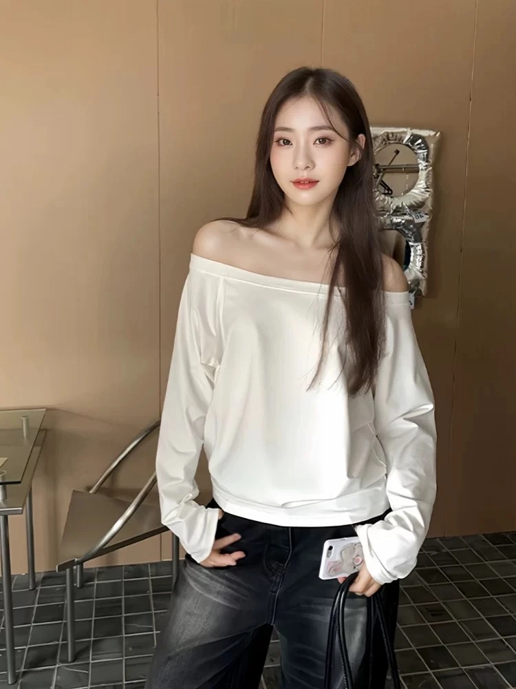 纯棉斜肩纯欲一字领两穿纯色宽松显瘦长袖t恤T恤百搭女装秋款上衣