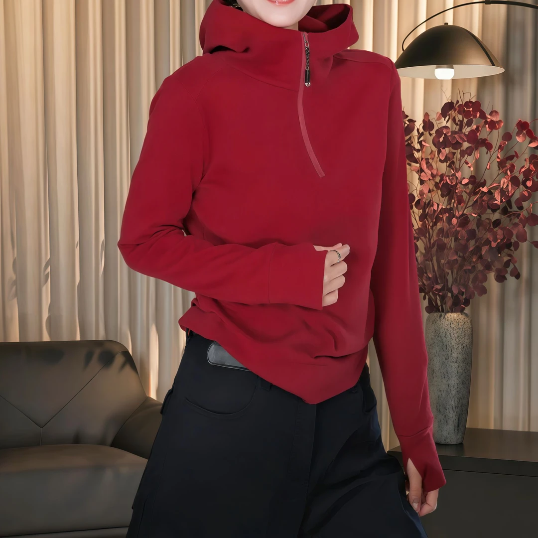 秋季欧若动感风修身拉链长袖连帽卫衣女2025纯色简约休闲外套上衣