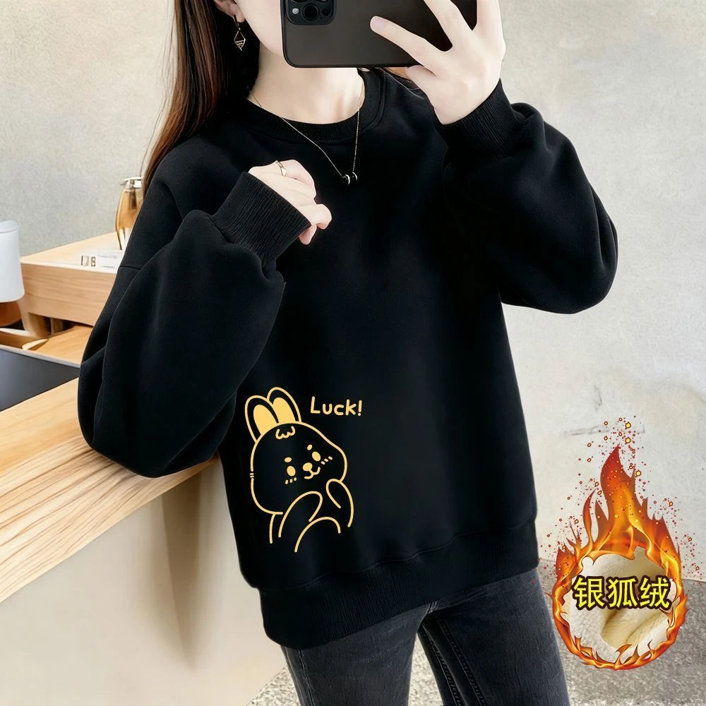 纯棉加绒加厚卫衣女2025秋冬新款装印花卡通字母圆领百搭长袖上衣