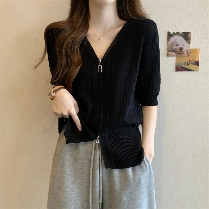 女装遮肚子冰丝短袖T恤针织衫女夏季显瘦打底正肩V领上衣开衫
