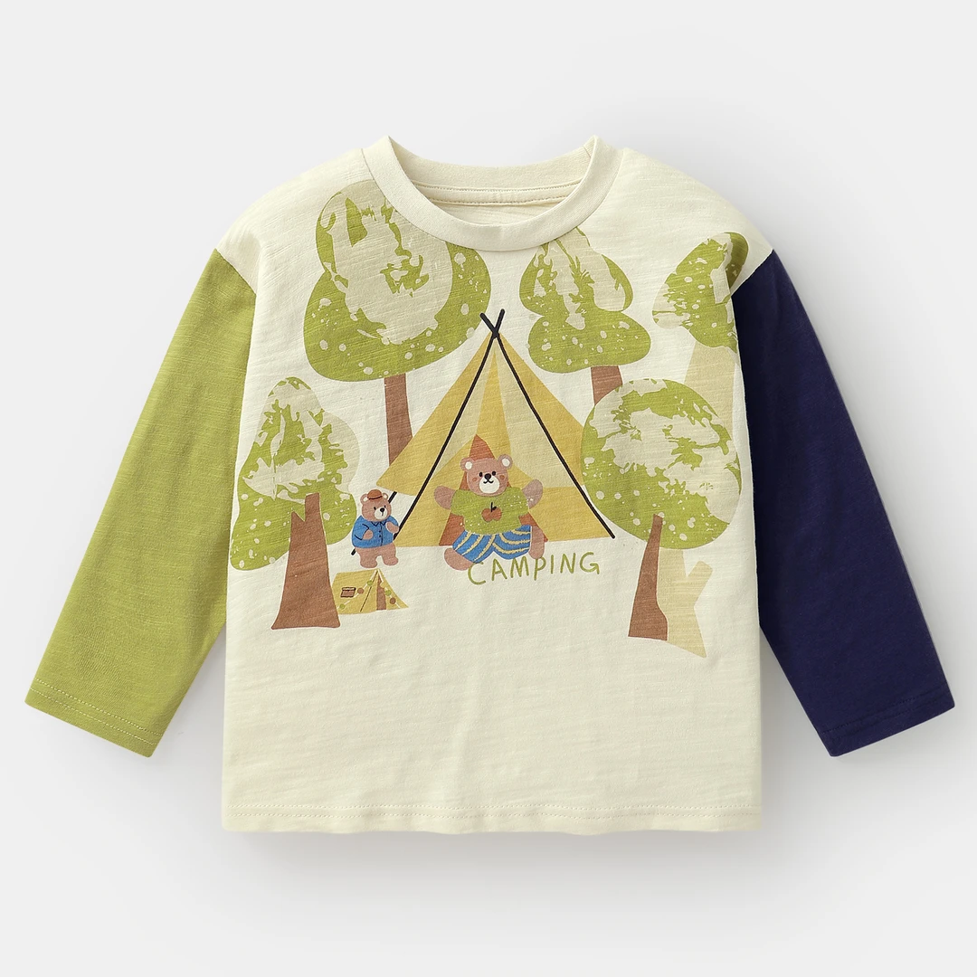 山系卡通撞色袖长袖T恤秋季新款童装宝宝上衣U16830