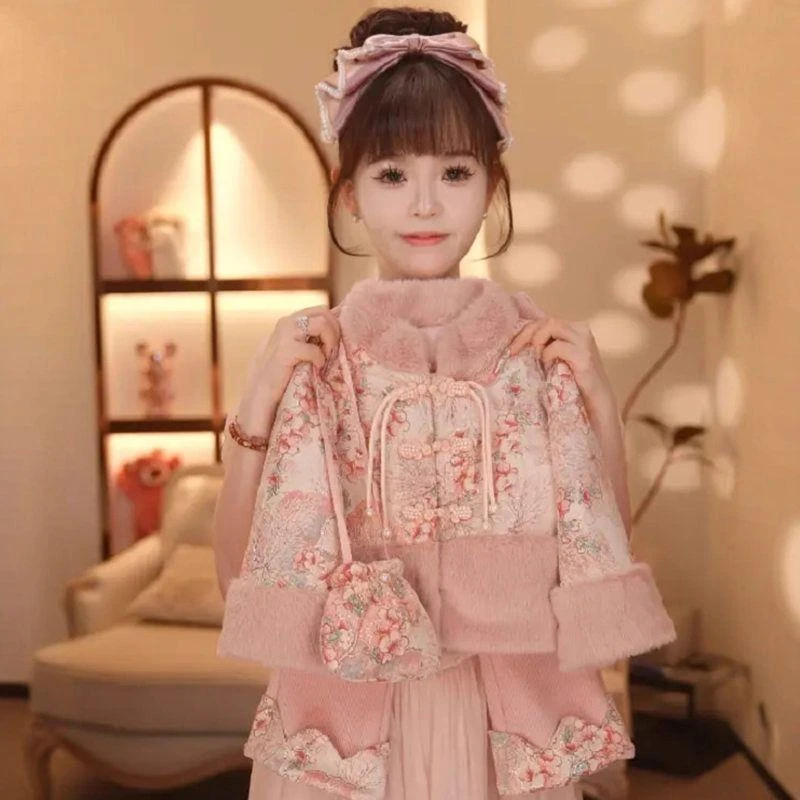 新款毛毛秋冬服中国风国服拼接套装拜年加绒套装女童加绒女宝刺绣