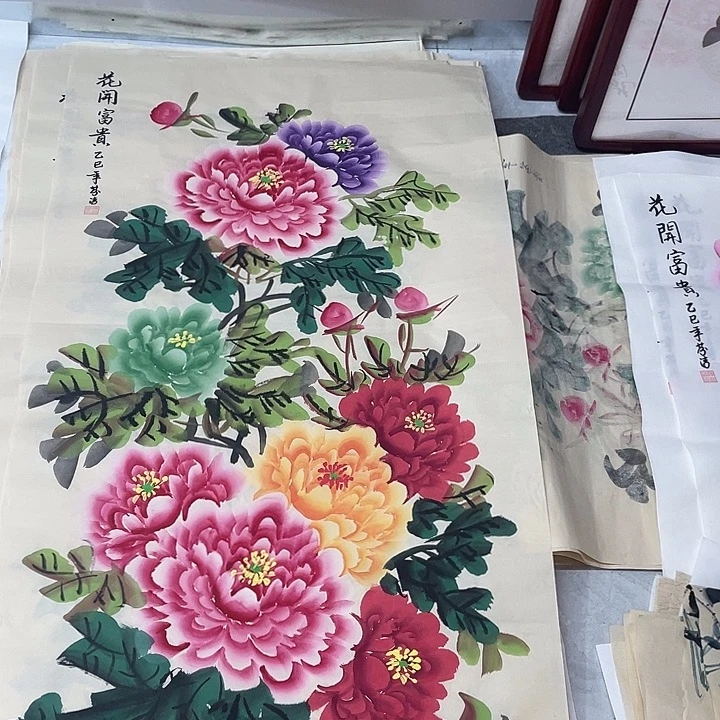 国画国画作品书法作品原稿四尺竖仿古五彩