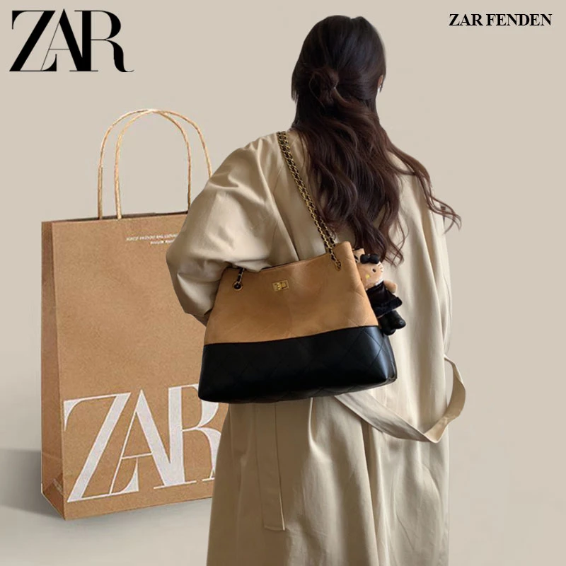 ZAR FENDEN韩版大容量小香风菱格链条包麂皮绒单肩手提托特大包女