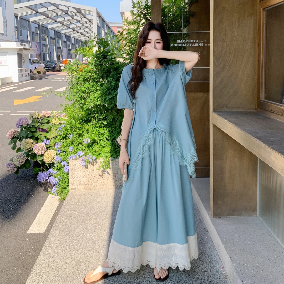 时尚复古立体绣花套装女2025夏季新款不规则拼接上衣阔腿裤两件套