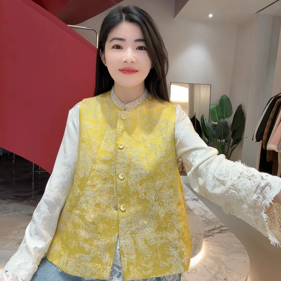 252600 立领烫钻提花轻奢马甲单排扣显瘦坎肩