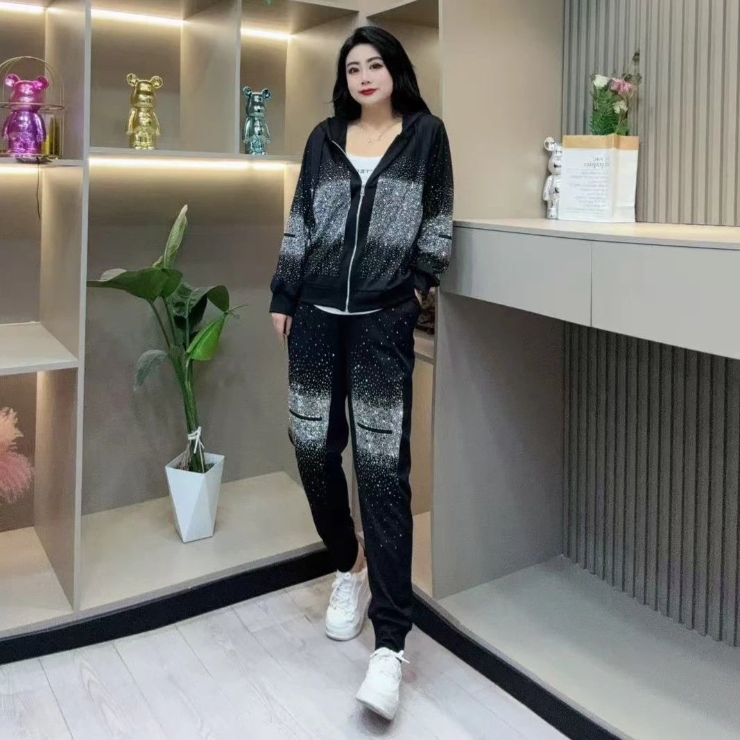 春季两件套-玲 8011时尚潮流亮闪休闲百搭显瘦款胖MM大码女装新款