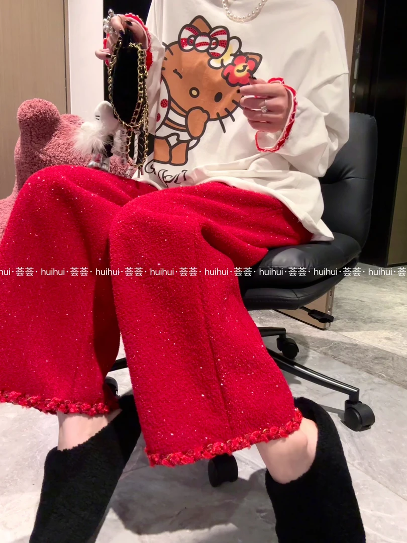 【小香织带红裤】2025春夏独立设计款小香风织带阔腿裤