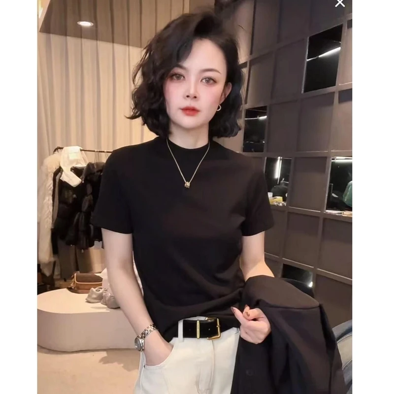 【厂家直销高品质】早春纯棉显瘦t恤女时尚百搭洋气短圆领速干显瘦