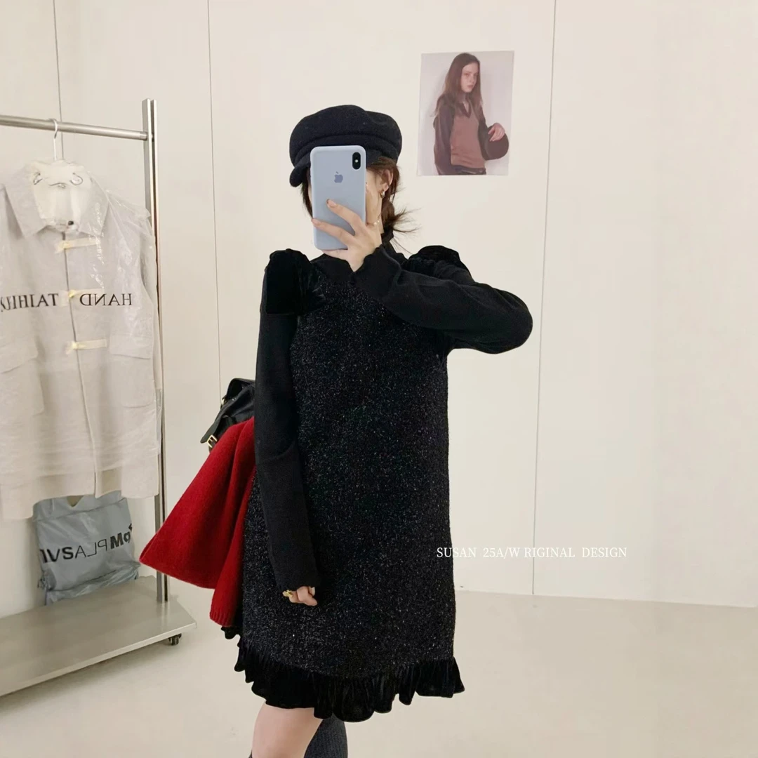 苏珊2025秋冬新款高级感绑带亮片木耳花边纯背心连衣裙女2226S